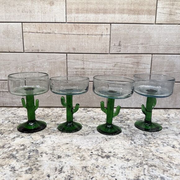 Vintage Saguaro Cactus Hand Blown Mexican Art Glass Margarita Glass 5pc Set - Picture 4 of 16